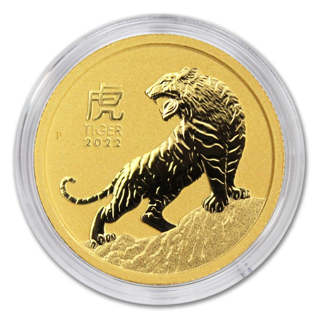 2022 P 1/20 oz Gold Australian Lunar Series III Year of the Tiger Coin Brilliant Uncirculated (BU) in Capsule with Certificate of Authenticity $5 BU