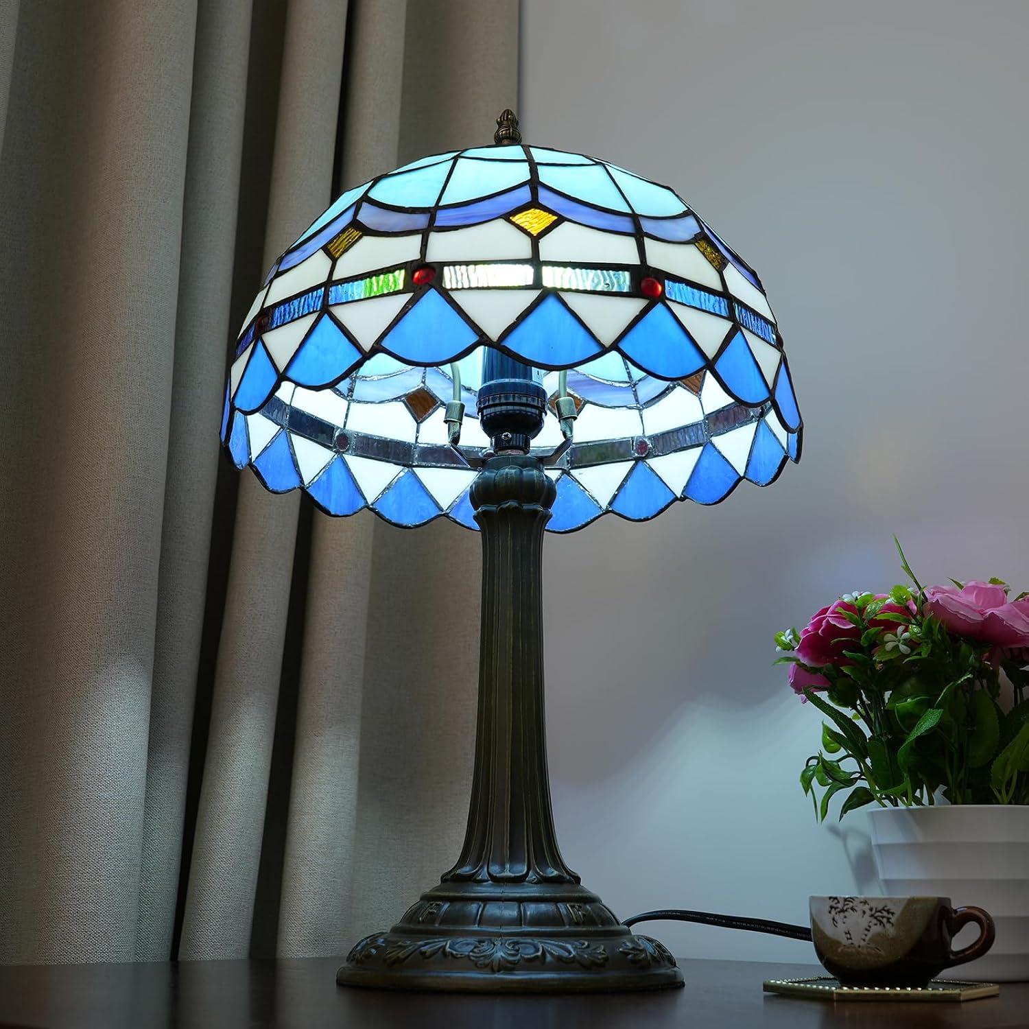 Tiffany Table Lamp Stained Glass Lamp Mediterranean Blue Bedroom Table lamp Reading Desk Light for Bedside Living Room Office Dormitory Dining Room Decorate Housewarming Gift 12X12X18 inches