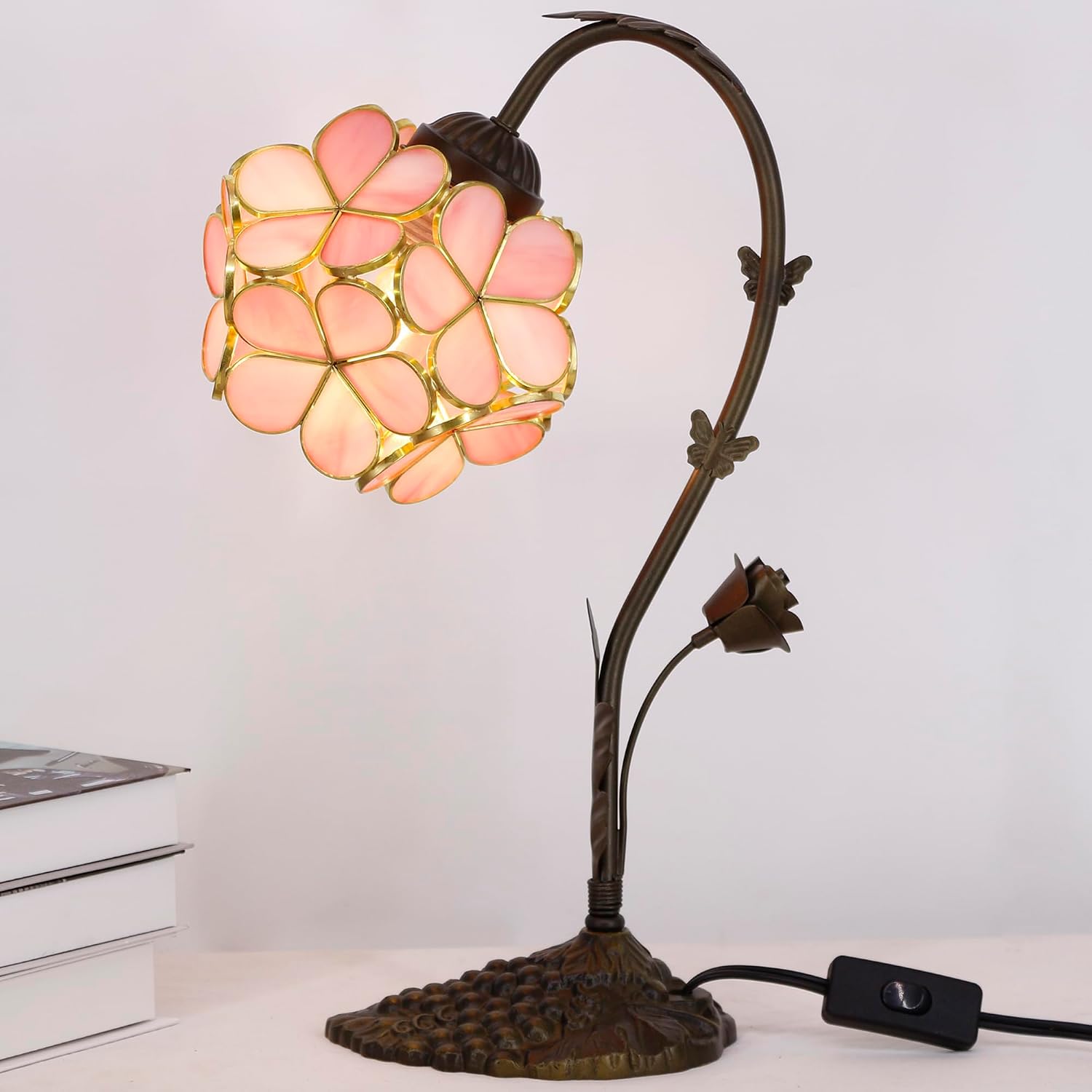 Tiffany Lamp Stained Glass Pink Small Flower Petal Table Lamp with Metal Leaf Resin Base 10X6X16 Inches Desk Reading Light