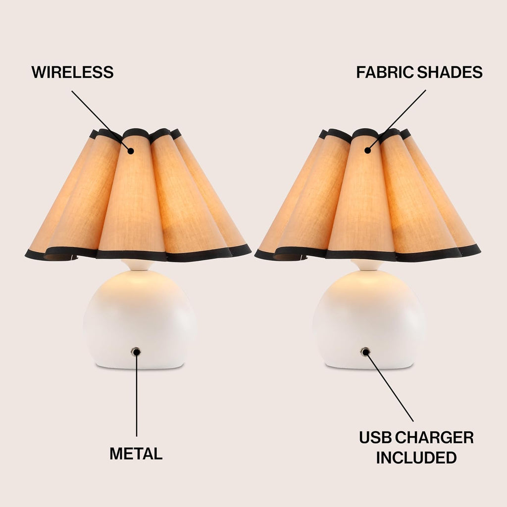 JONATHAN Y 10.5' Ivory Rechargeable Cordless Integrated LED Table Lamps Set of 2, Classic Vintage Scalloped Linen Shade, Dimmable Touch Sensor Accent Lamps JYL7157A-SET2