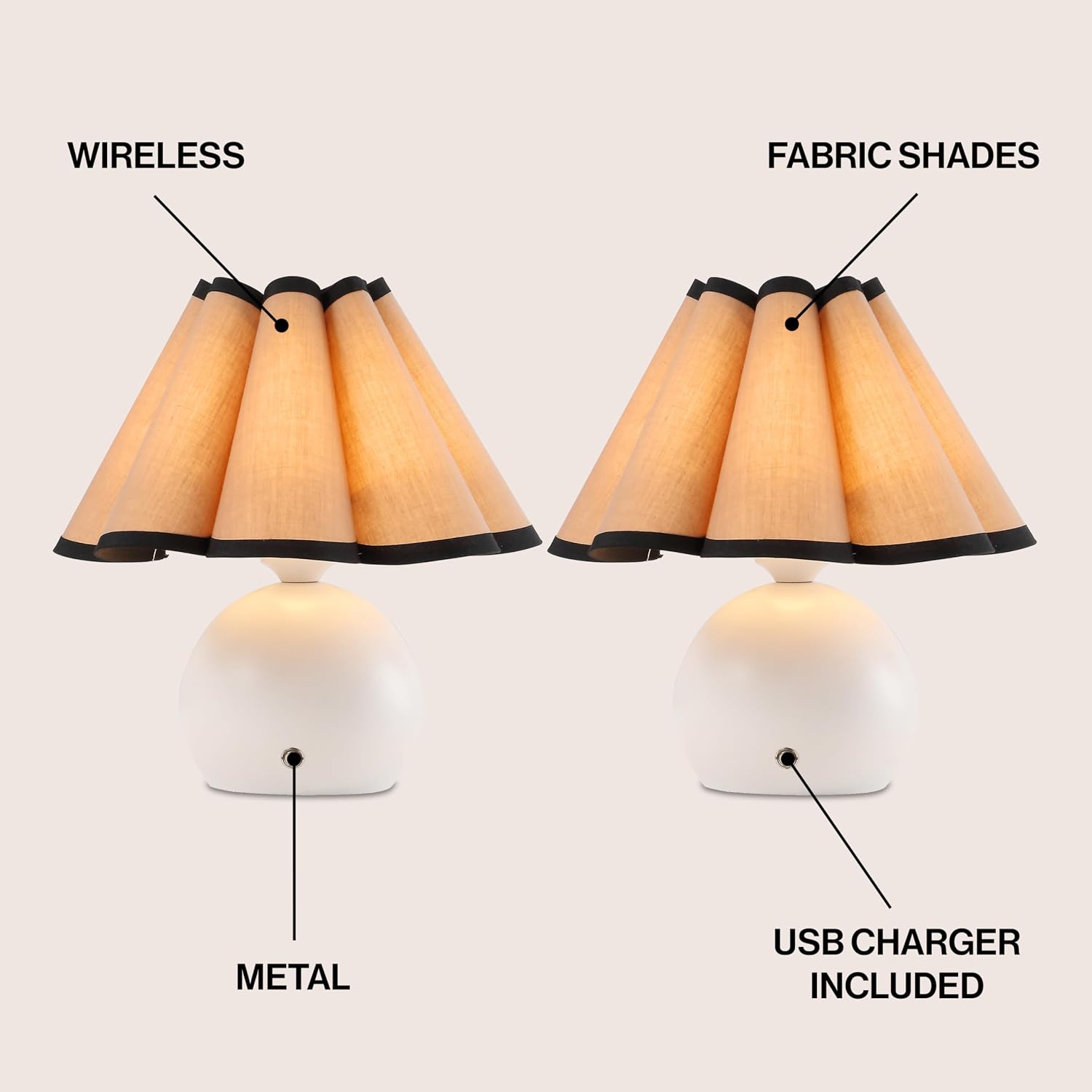 JONATHAN Y 10.5' Ivory Rechargeable Cordless Integrated LED Table Lamps Set of 2, Classic Vintage Scalloped Linen Shade, Dimmable Touch Sensor Accent Lamps JYL7157A-SET2