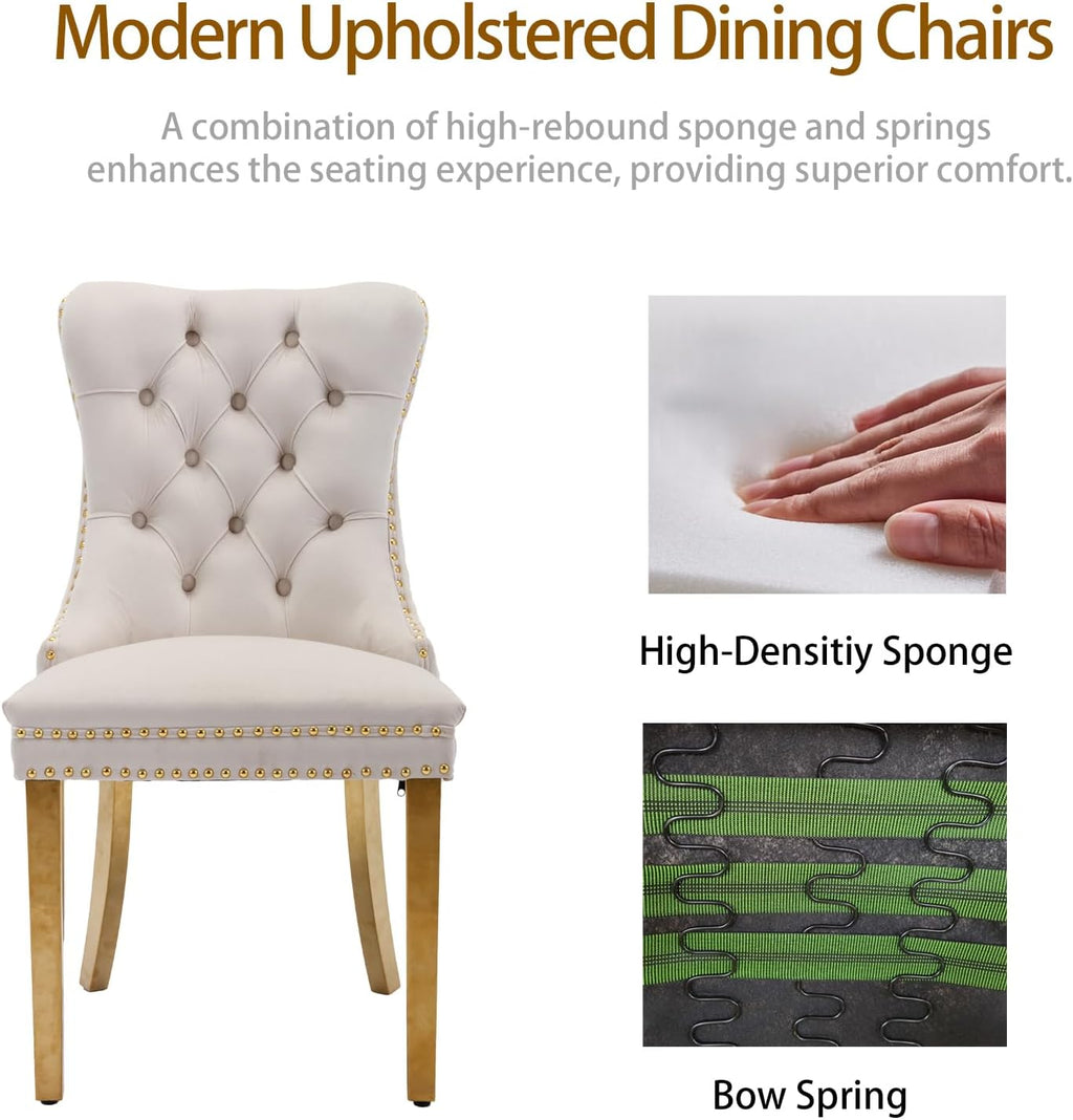 Velvet Dining Chairs Set of 6, Tufted Upholstered Dining Room Chairs with Back Ring Pull, Nailhead Trim and Golden Legs, Modern Dinning Chairs for Dining Room, Kitchen(Beige)