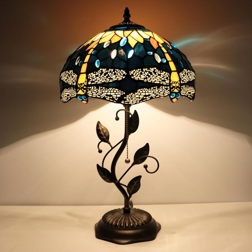 Tiffany Lamp Yellow Dragonfly Style Stained Glass Table Lamp Desk Bedside Reading Light 12X12X19 Inches with Metal Leaf Base
