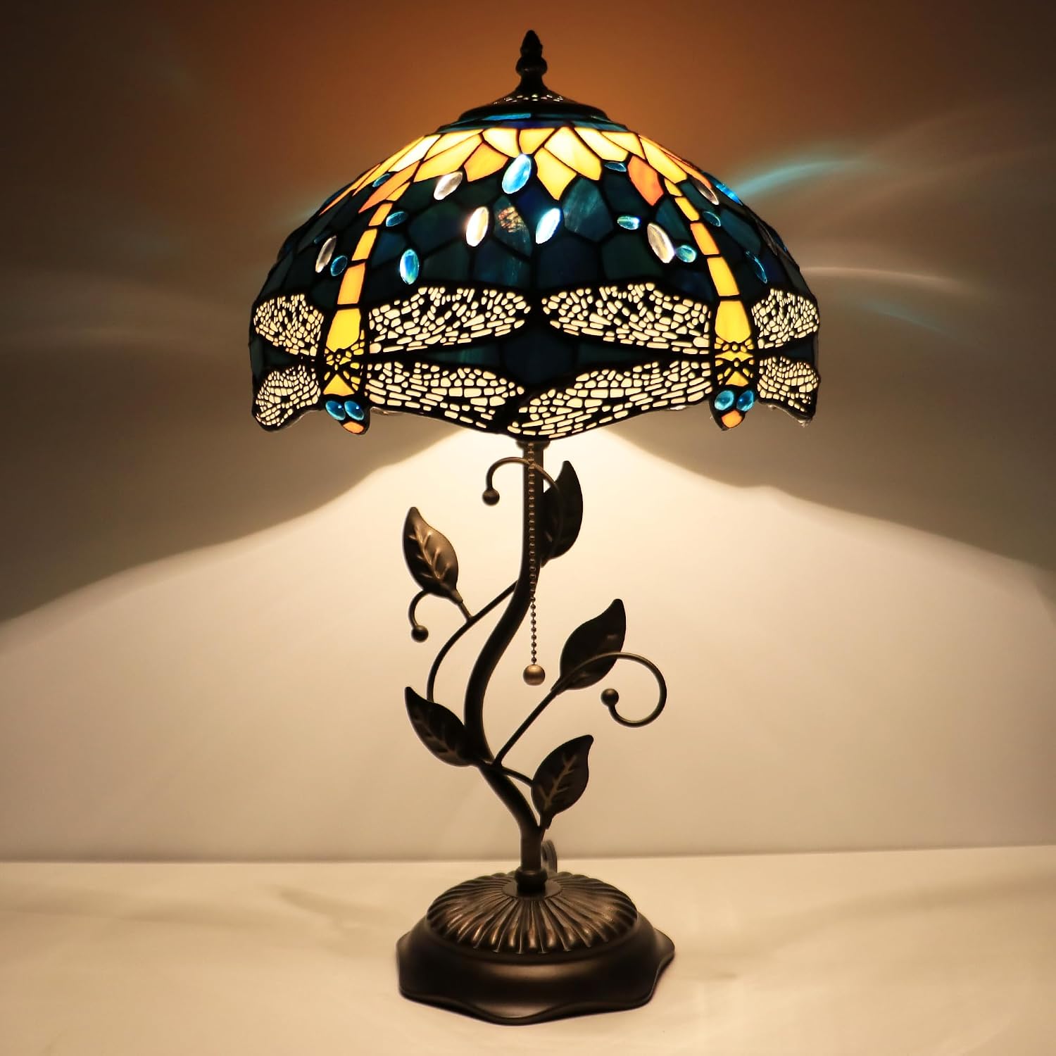 Tiffany Lamp Yellow Dragonfly Style Stained Glass Table Lamp Desk Bedside Reading Light 12X12X19 Inches with Metal Leaf Base