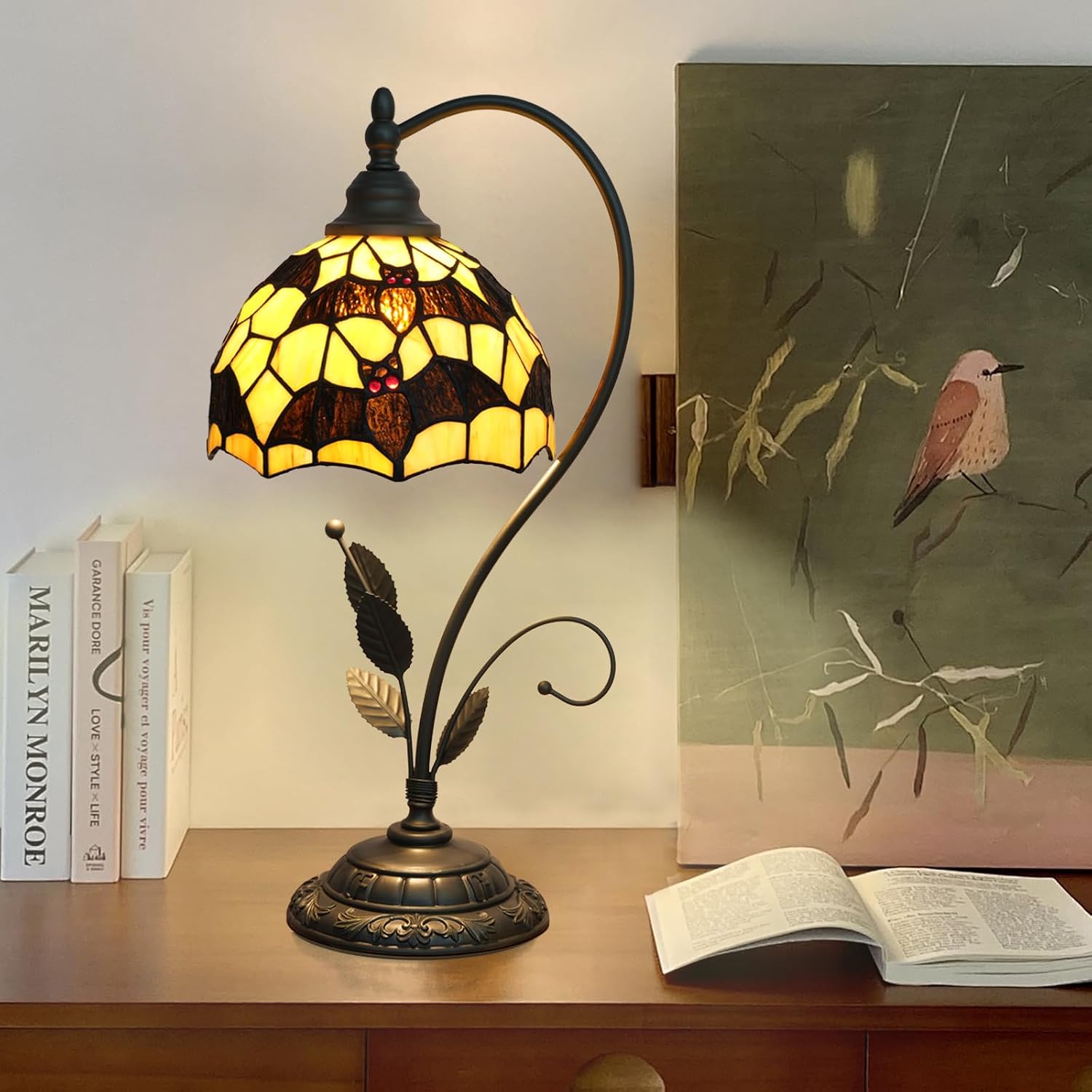 Tiffany Table Lamp Black Bats Stained Glass Bedside Lamp Tiffany Style S Metal Leaves Desk Light for Home Living Room Office Dormitory Bar Family Friends Gift