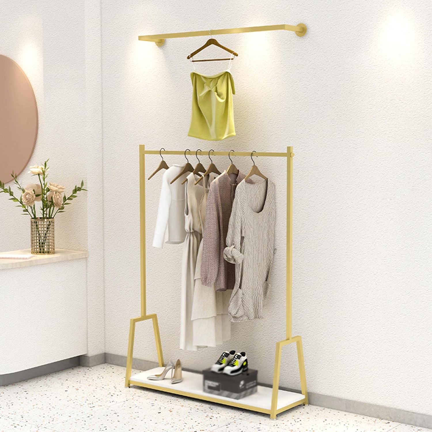 Clothing Display Rack,Floor-Standing Coat Rack,Metal Clothes Rail,Clothes Storage/Strong Load-Beacapacity,Suitable for Clothing Stores/Shopping Malls/Gold/150X150(A-100X150cm