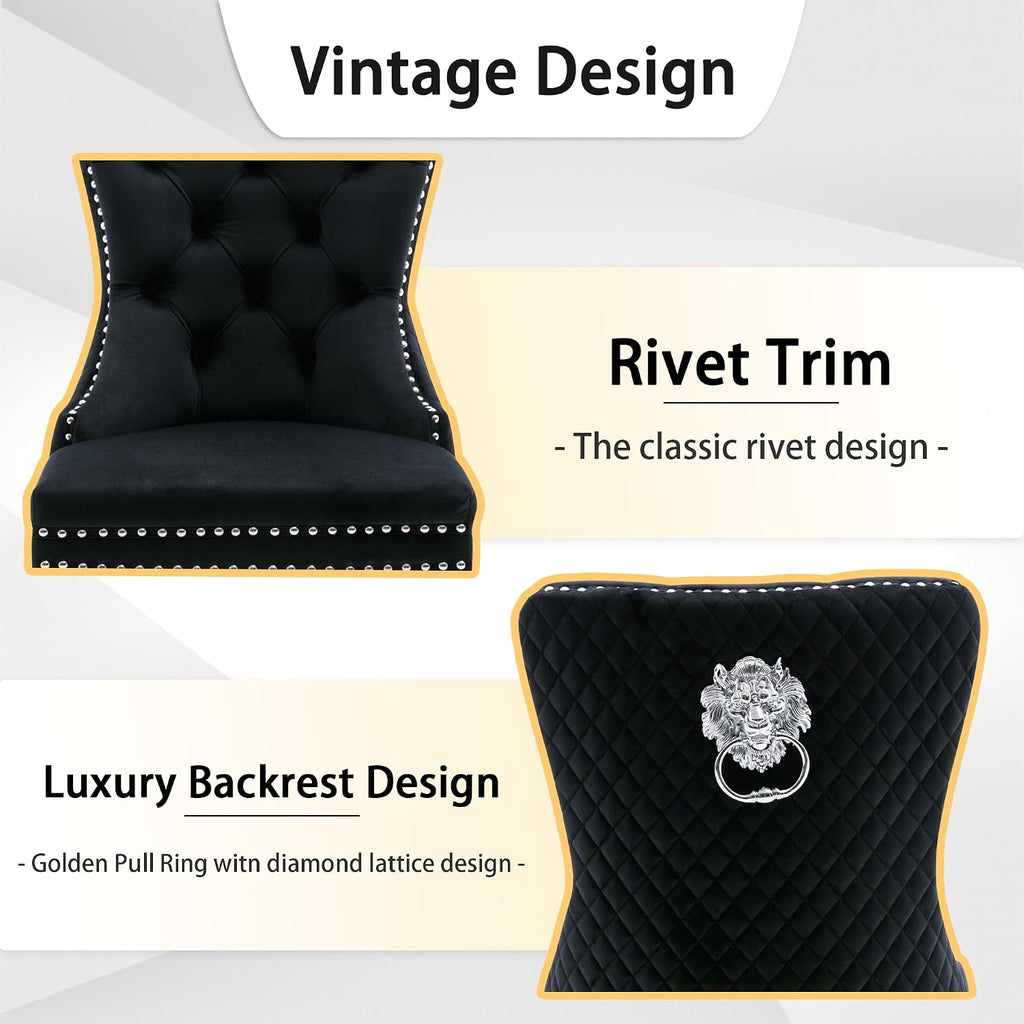 Velvet Dining Chairs Set of 2, Upholstered Dining Room Chairs, Mid-Century Modern Chairs with Diamond Lattice Tufted Back, Lion Pull Ring Rivet Trim, Silver Metal Legs for Kitchen, Black