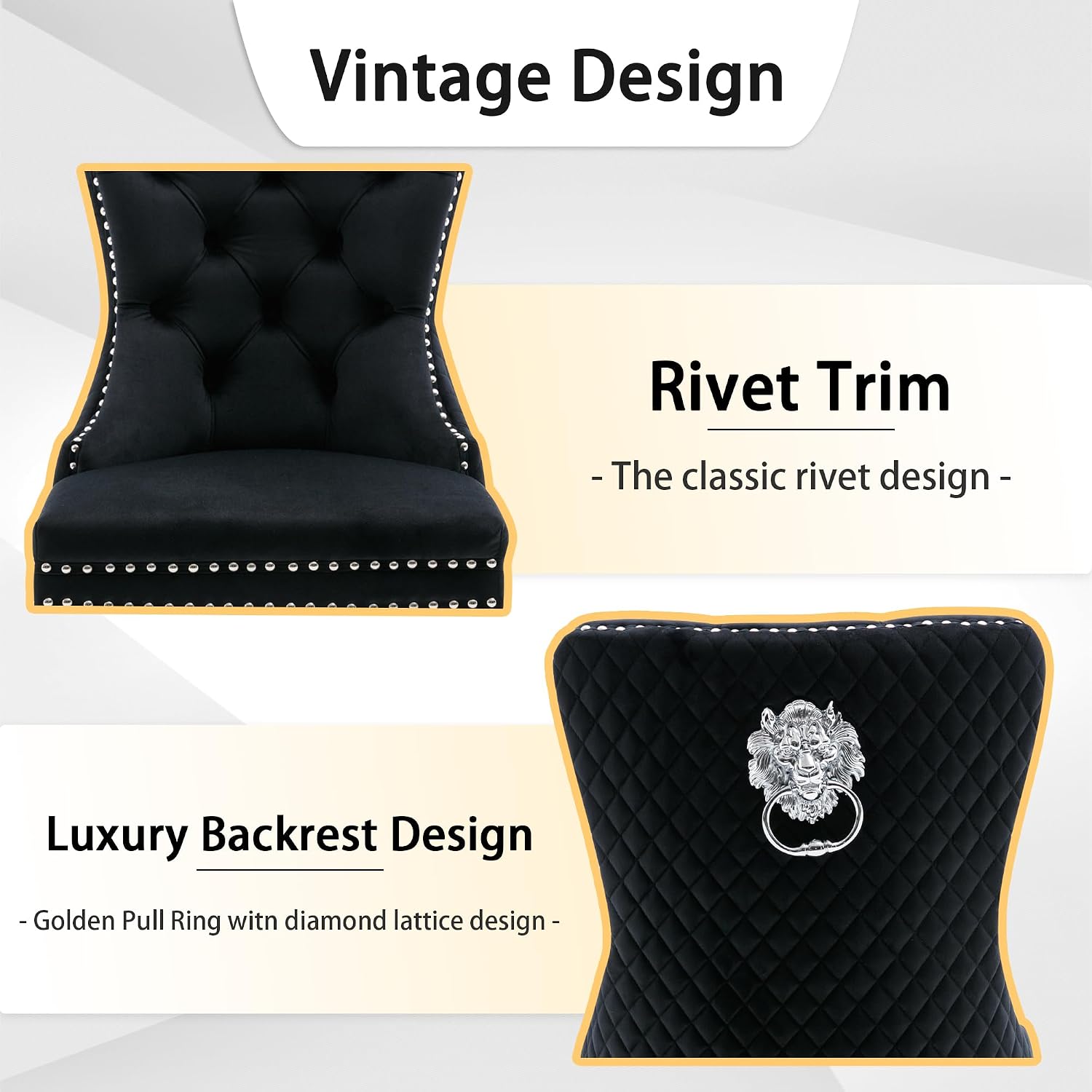 Velvet Dining Chairs Set of 2, Upholstered Dining Room Chairs, Mid-Century Modern Chairs with Diamond Lattice Tufted Back, Lion Pull Ring Rivet Trim, Silver Metal Legs for Kitchen, Black