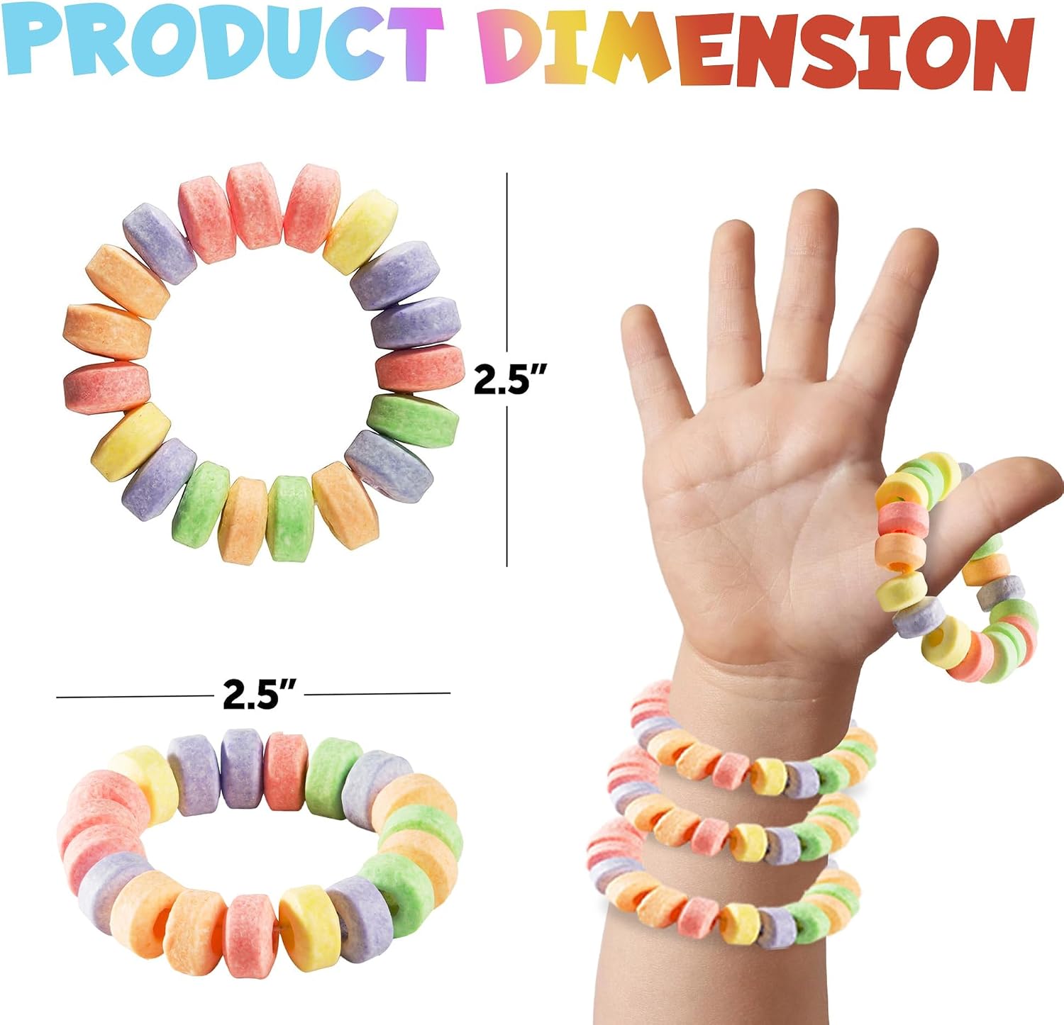 Candy Bracelets - Bulk Case 864 Pcs, Individually Wrapped - 2.5 Inch Candy Jewelry Bracelets, Stretchable, Edible, Colorful Fruit Flavor Rainbow Candies for Novelty Party Favor Supplies & Goodie Bags