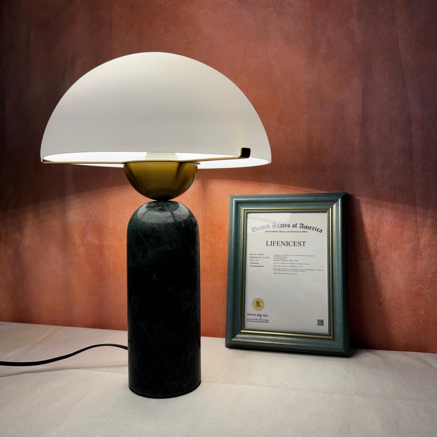 Modern Dome Shaped Table Lamp Mid-Century Accent Lamp Green Marble Desk Lamp Contemporary Living Room Side Lamps Bedroom Bedside Nightstand Light with Frosted Glass Shade