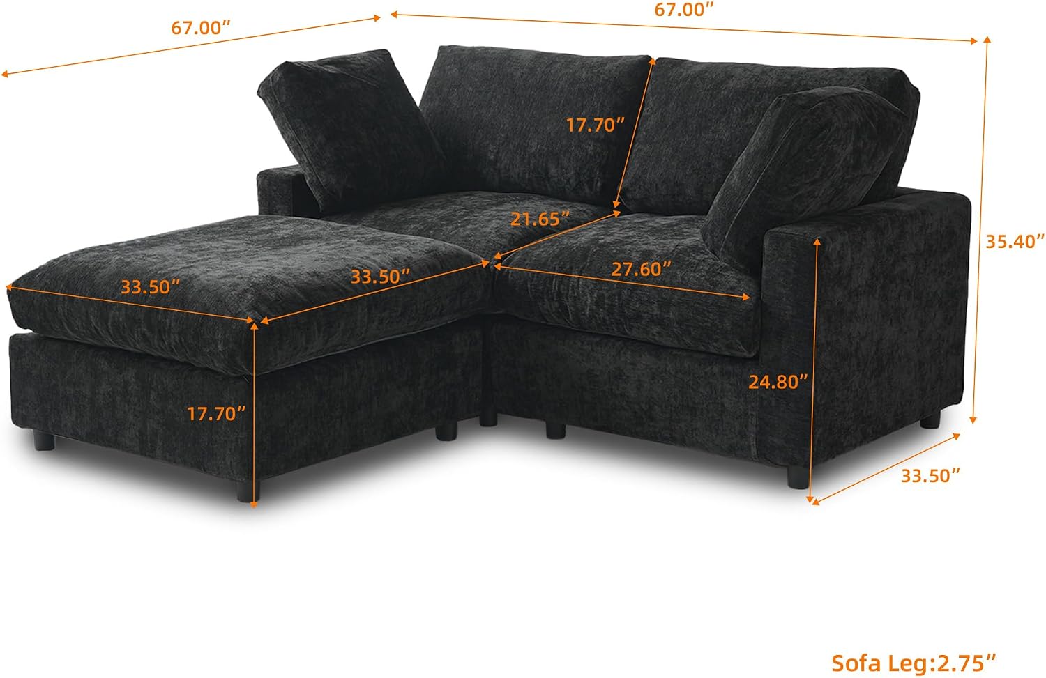 WJShome Cloud Couch Modular Sectional Sofa,67' L Shaped Couch, Convertible Wide Seater, 2 Seater+Ottoman for Living Room Set,Covers Washable&Replaceable,Black