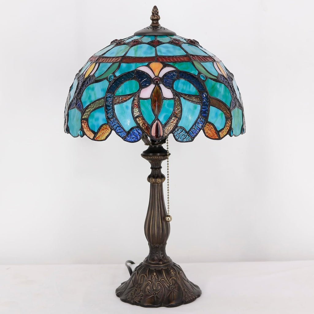 Tiffany Table Lamp Stained Glass Lamp 12X12X19 Inch Antique Reading Light (Green Brown Jewelry Baroque)