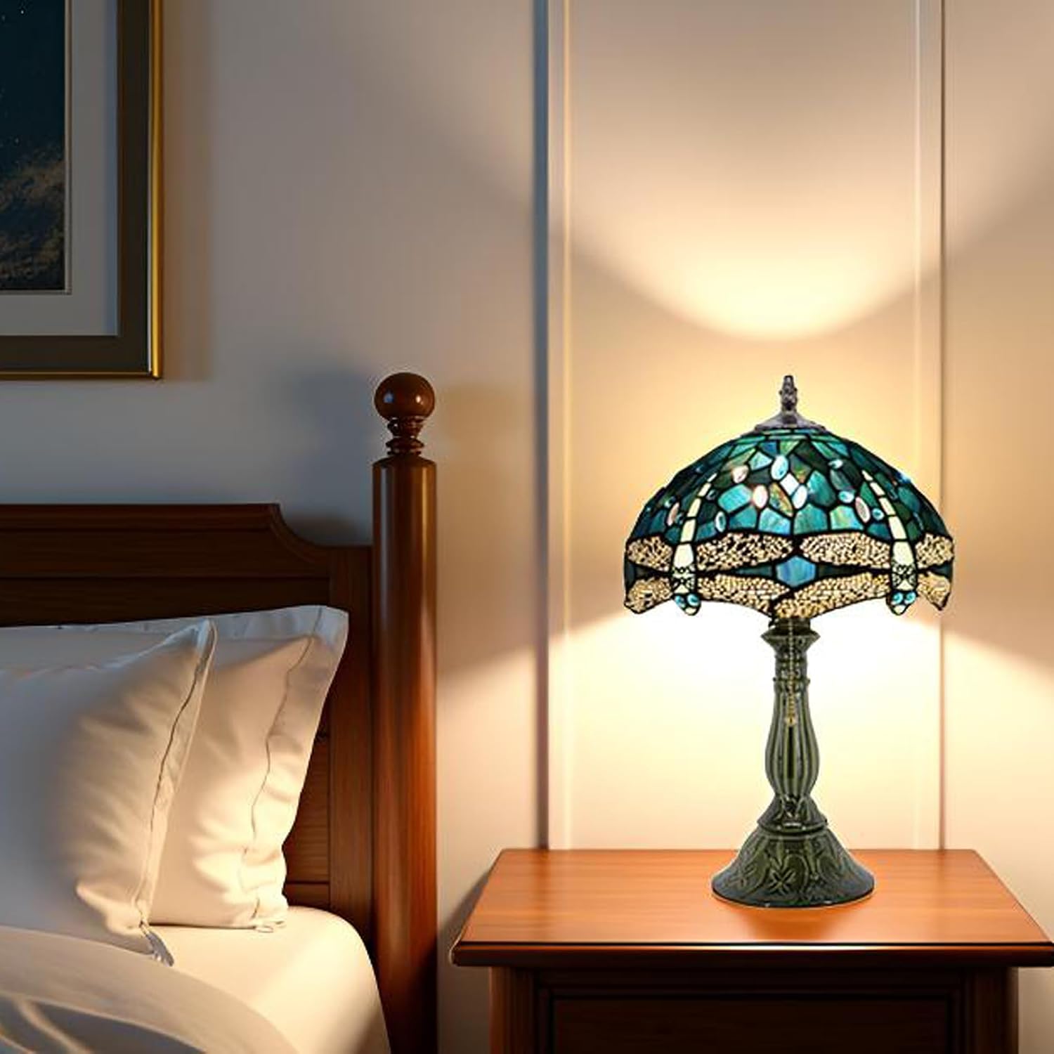 Tiffany Lamp Stained Glass Table Lamps Sea Blue Dragonfly Style Desk Lamp 12X12X18.5 Inch Bronze Ceramic Base Reading Light Suitable for Bedside Bedroom Living Room Dining Room Office