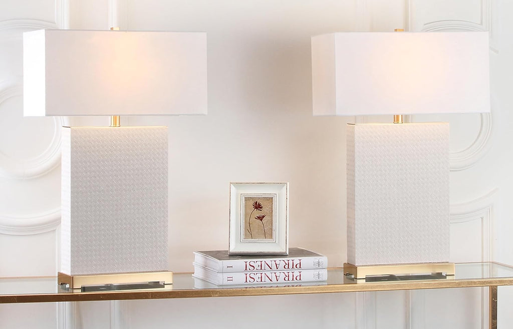 SAFAVIEH Lighting Collection Joyce Modern Art Deco Cream Faux Woven Leather Rectangle Shade 28-inch Bedroom Living Room Home Office Desk Nightstand Table Lamp Set of 2 (LED Bulbs Included)