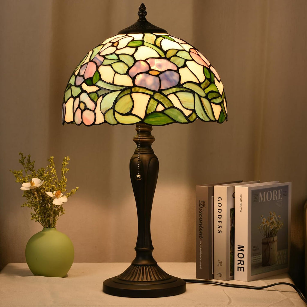 TL0005 Tiffany Table Lamp Bedside Stained Glass Lamp Spring Floral Design Reading Desk Light 12X21.5 Inches for Bedroom Living Room Home Office, lED Bulb Included