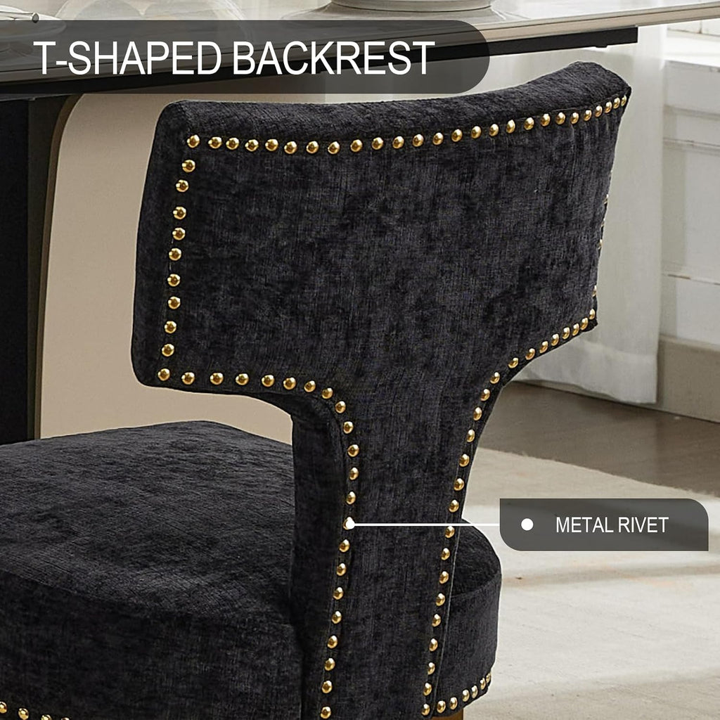 Dining Chair Set of 2 Linen Fabric Curved Backrest Farmhouse Mid Century Accent Upholstered Kitchen Chairs with Gold Legs and Foot Pad for Dining Room/Living Room/Restaurant,Black