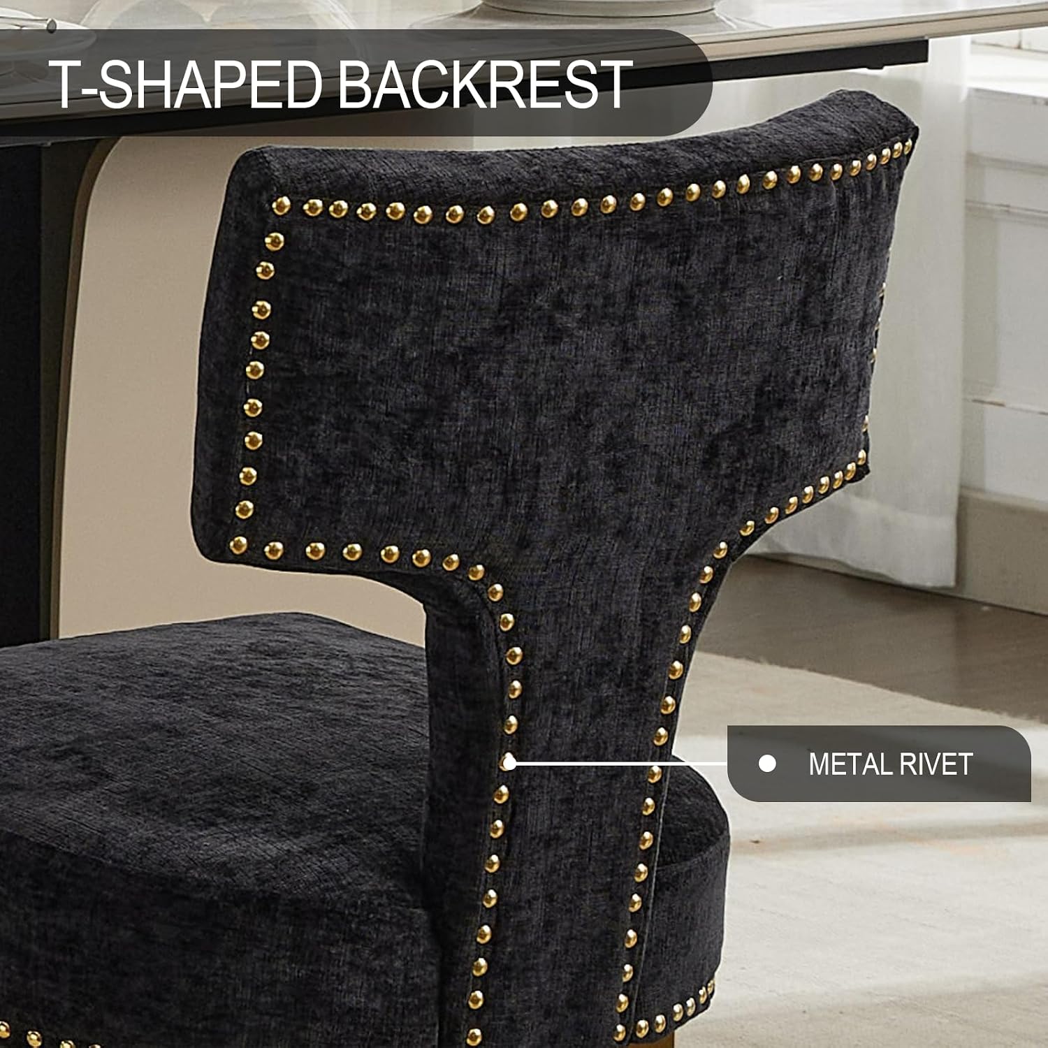 Dining Chair Set of 2 Linen Fabric Curved Backrest Farmhouse Mid Century Accent Upholstered Kitchen Chairs with Gold Legs and Foot Pad for Dining Room/Living Room/Restaurant,Black