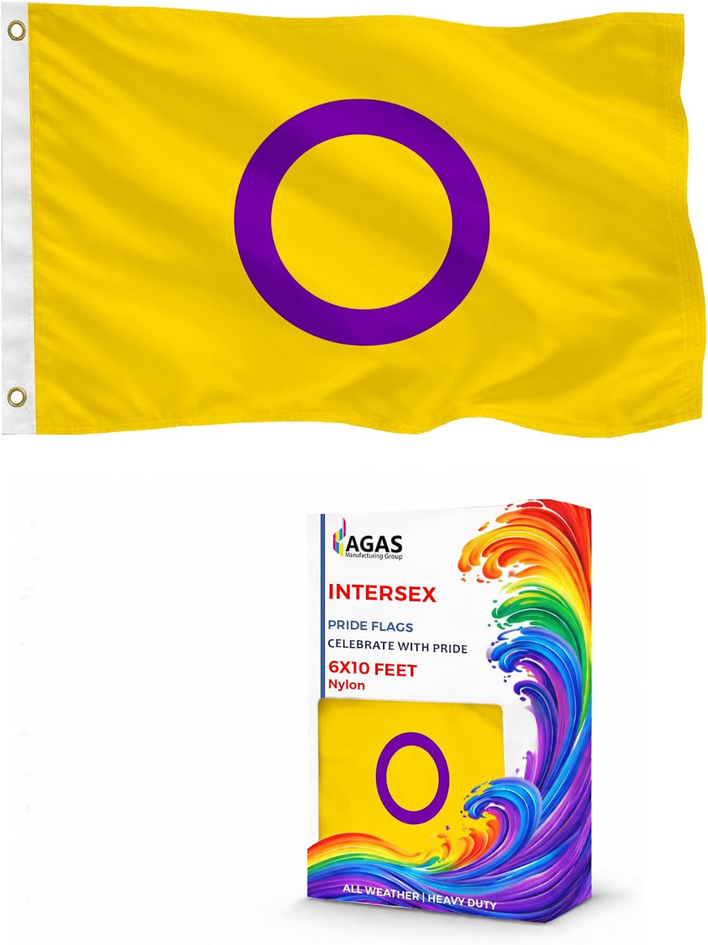 AGAS Intersex Pride Flag LGBTQ Pride 6x10 Ft - Double Sided 1 Ply 200D Nylon Brass Grommets Stitched Edges 100% Bleed Through Fade Resistant Indoor Outdoor