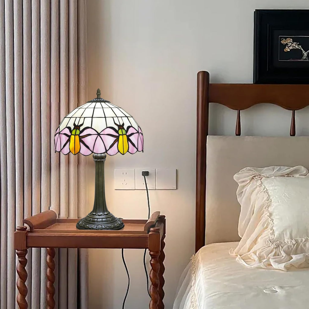 Tiffany Lamp Yellow Beetle Pink Stained Glass Table Lamp Vintage Bedroom Desk Light for Home Dorm Office Art Craft Antique Decor Accent Aesthetic Nightstand Reading Light