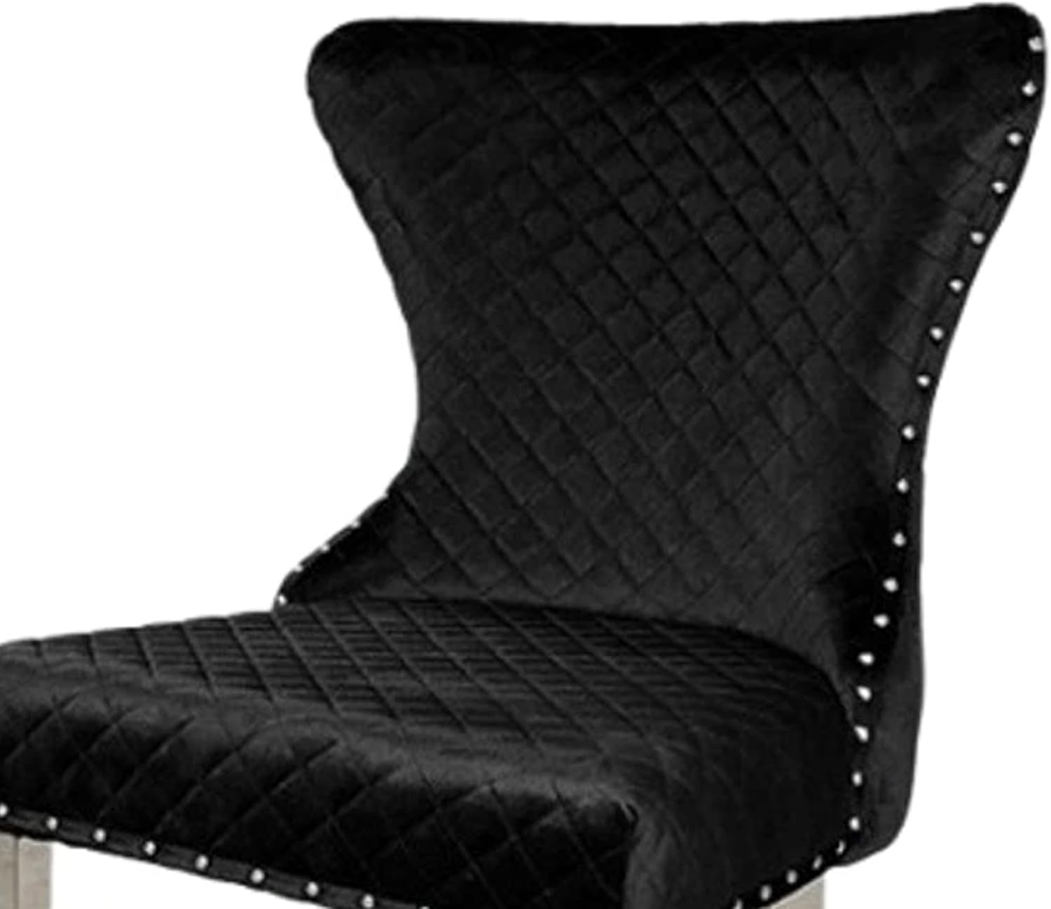 Anova Side Dining Chair Set of 2, Rivet Trim, Silver Stainless Steel, Black Fabric