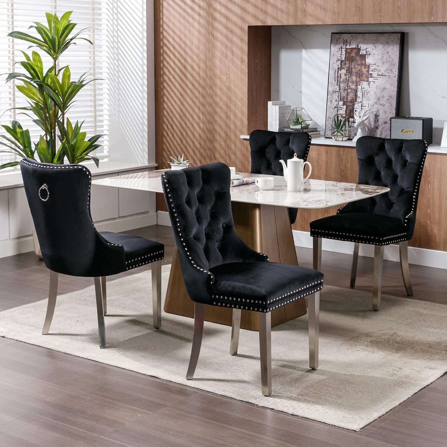 Velvet Dining Chairs Set of 2, Tufted Upholstered Dining Room Chairs with Back Ring Pull, Nailhead Trim and Sliver Stainless Steel Legs, Modern Dinging Chair for Dining Room, Kitchen(Black)