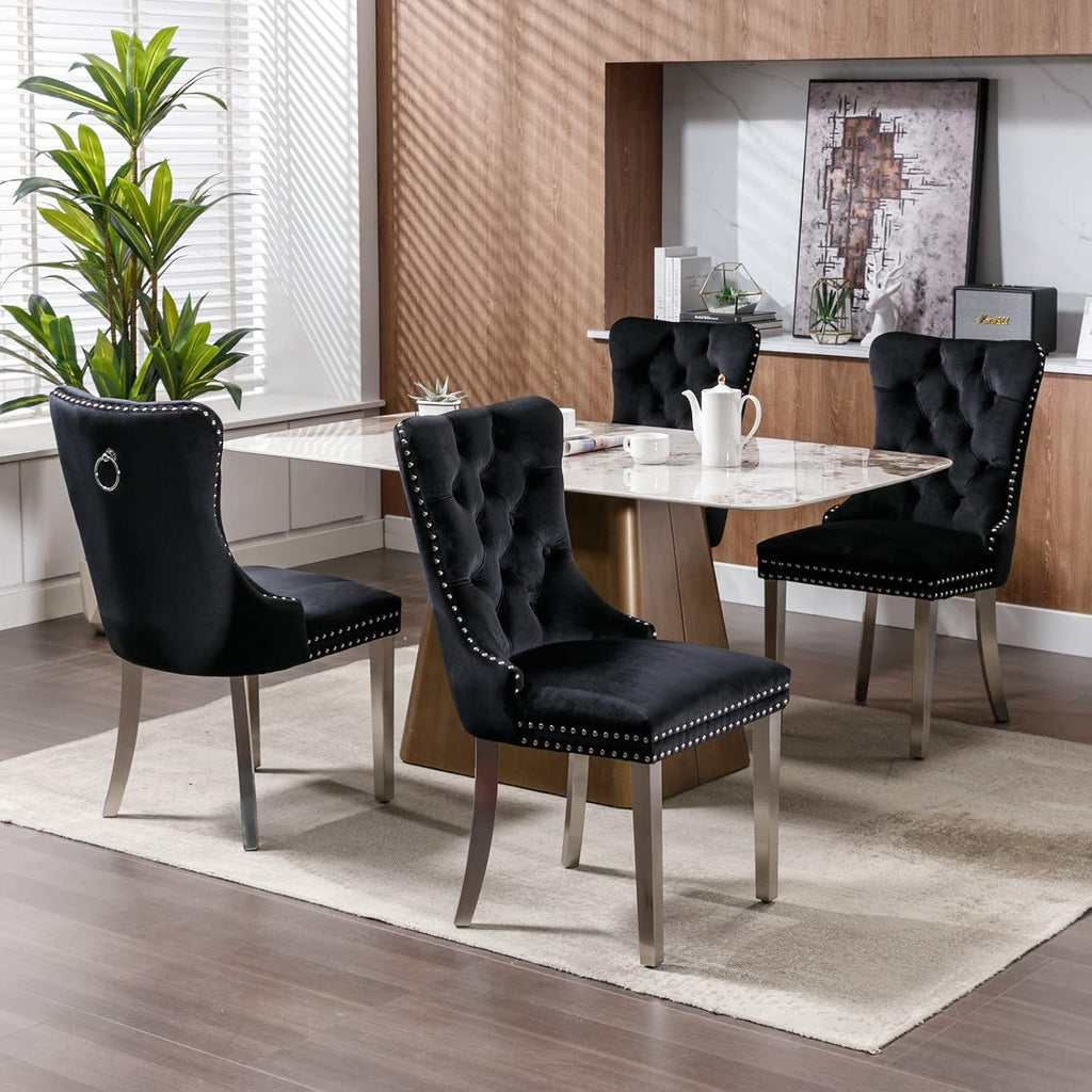 Velvet Dining Chairs Set of 6, Tufted Upholstered Dining Room Chairs with Back Ring Pull, Nailhead Trim and Sliver Stainless Steel Legs, Modern Dinning Chairs for Dining Room, Kitchen(Black)