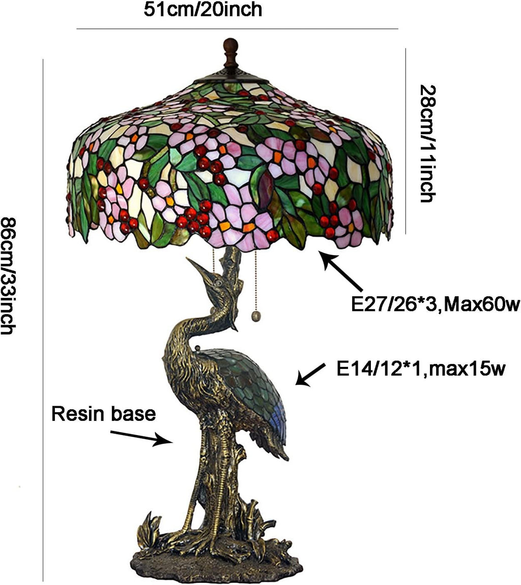 Pink Stained Glass Green Leaves Table Lamp, 20 Inch Tiffany Style Pastoral Cherry Blossom Bedroom Bedside Lamp, Living Room Office Table Decoration Lamp with Pull Cord Switch,C
