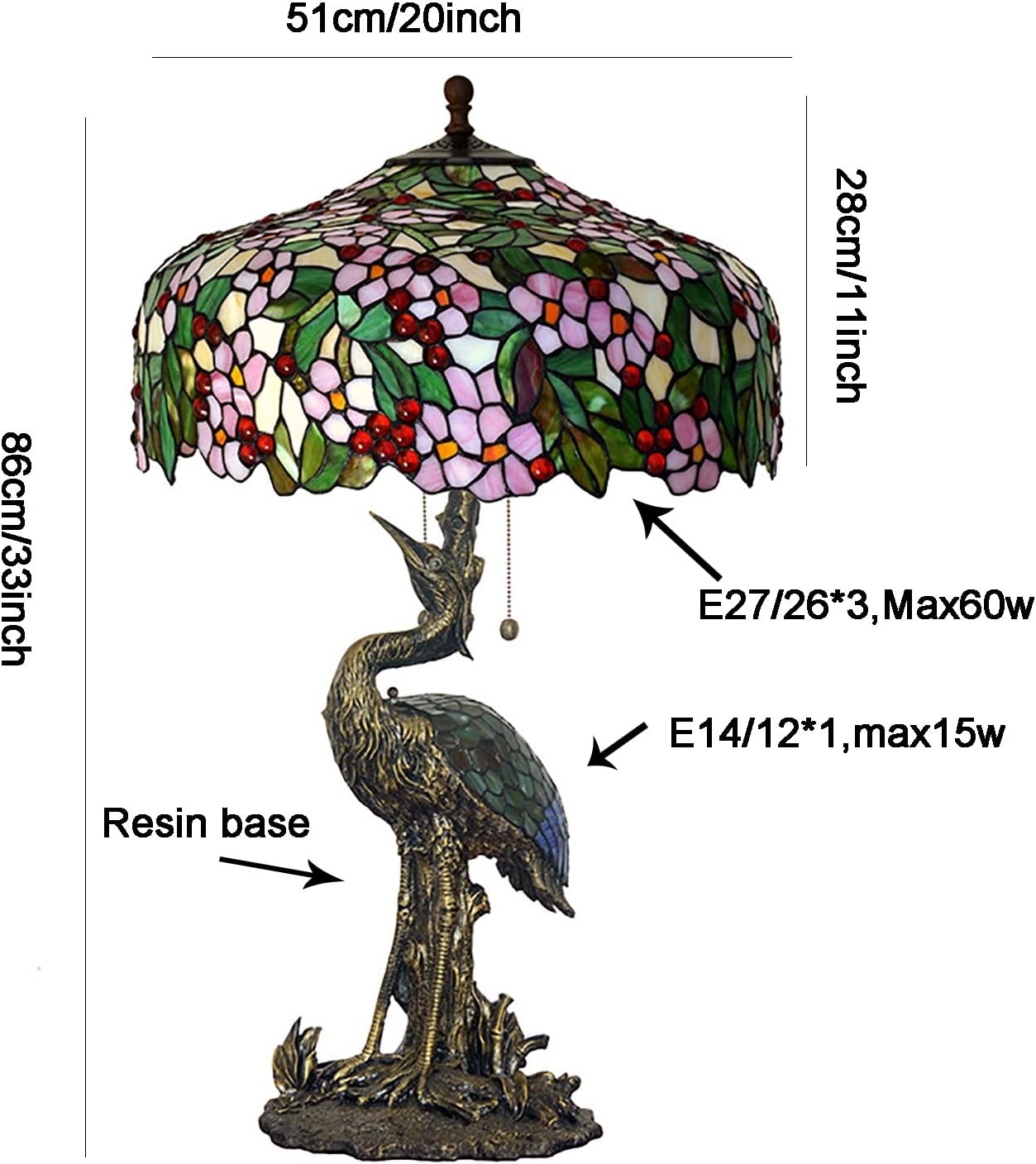 Pink Stained Glass Green Leaves Table Lamp, 20 Inch Tiffany Style Pastoral Cherry Blossom Bedroom Bedside Lamp, Living Room Office Table Decoration Lamp with Pull Cord Switch,C