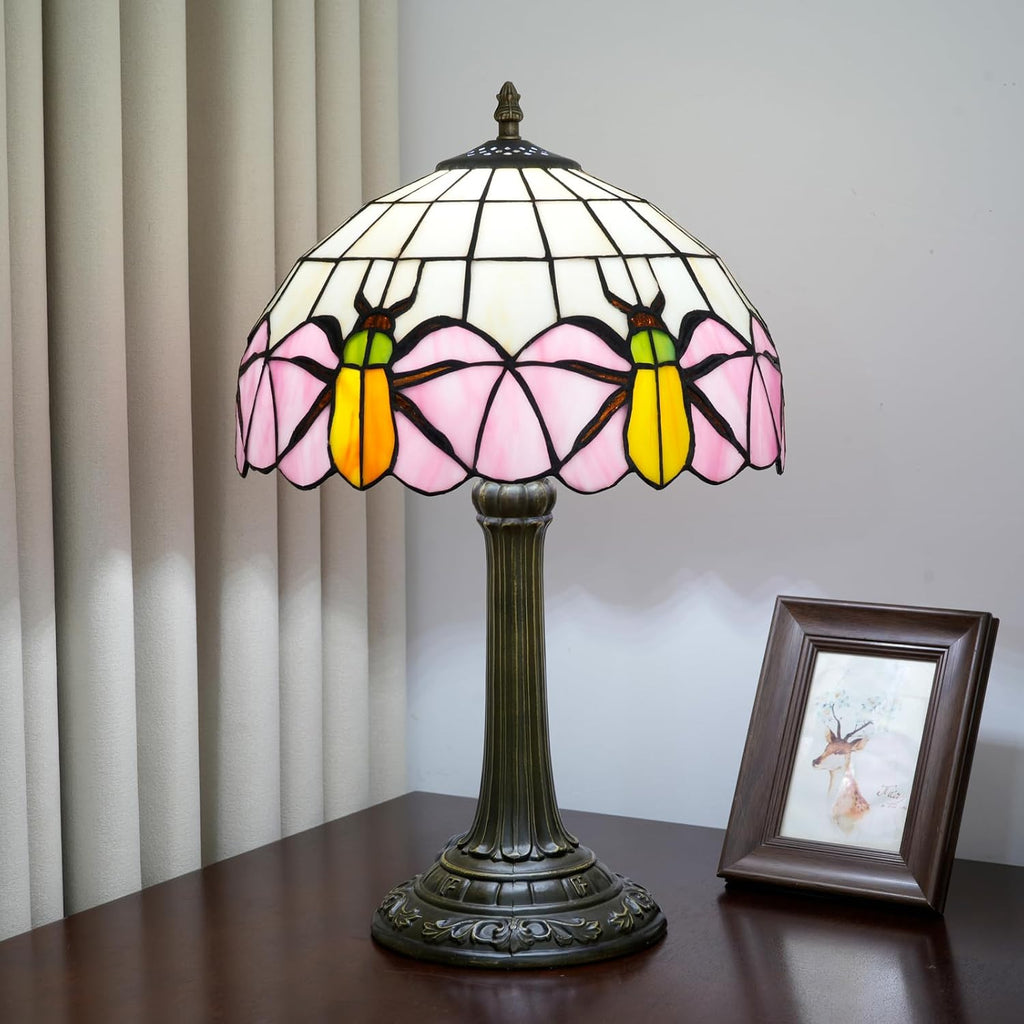 Tiffany Lamp Yellow Beetle Pink Stained Glass Table Lamp Vintage Bedroom Desk Light for Home Dorm Office Art Craft Antique Decor Accent Aesthetic Nightstand Reading Light