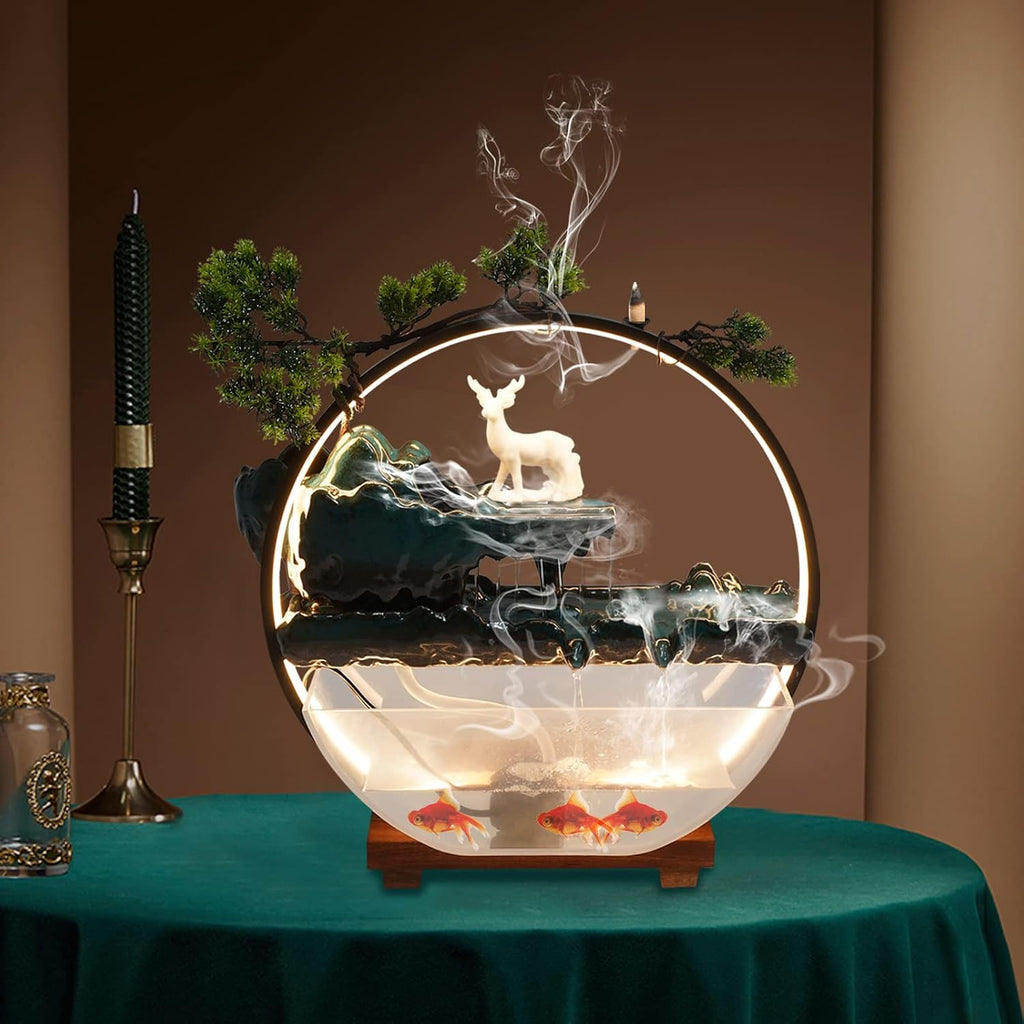 17Inch Mini Fish Tank Tabletop Decoration Indoor Waterfall Fountains Humidifier with LED Light and Atomizer Mist, Water Fountain Japanese Zen Decor Meditation Fake Plants Bonsai Gift