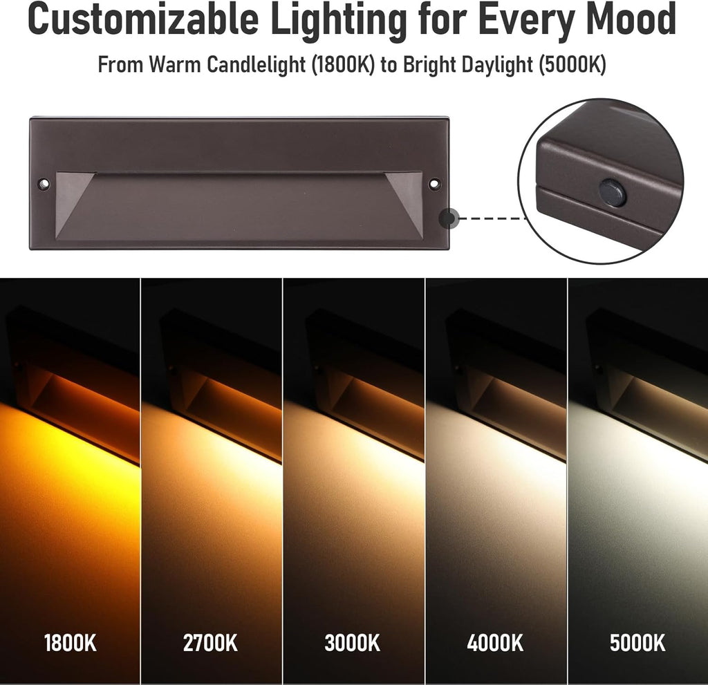 LEONLITE 12-Pack 10.6 Inch 5CCT LED Low Voltage Step Lights, 12–24V AC/DC 6W Surface Mount Ultra-Slim Landscape Stair Lights, IP65 Aluminum Outdoor Lighting for Decks, Hardscapes, Oil Rubbed Bronze