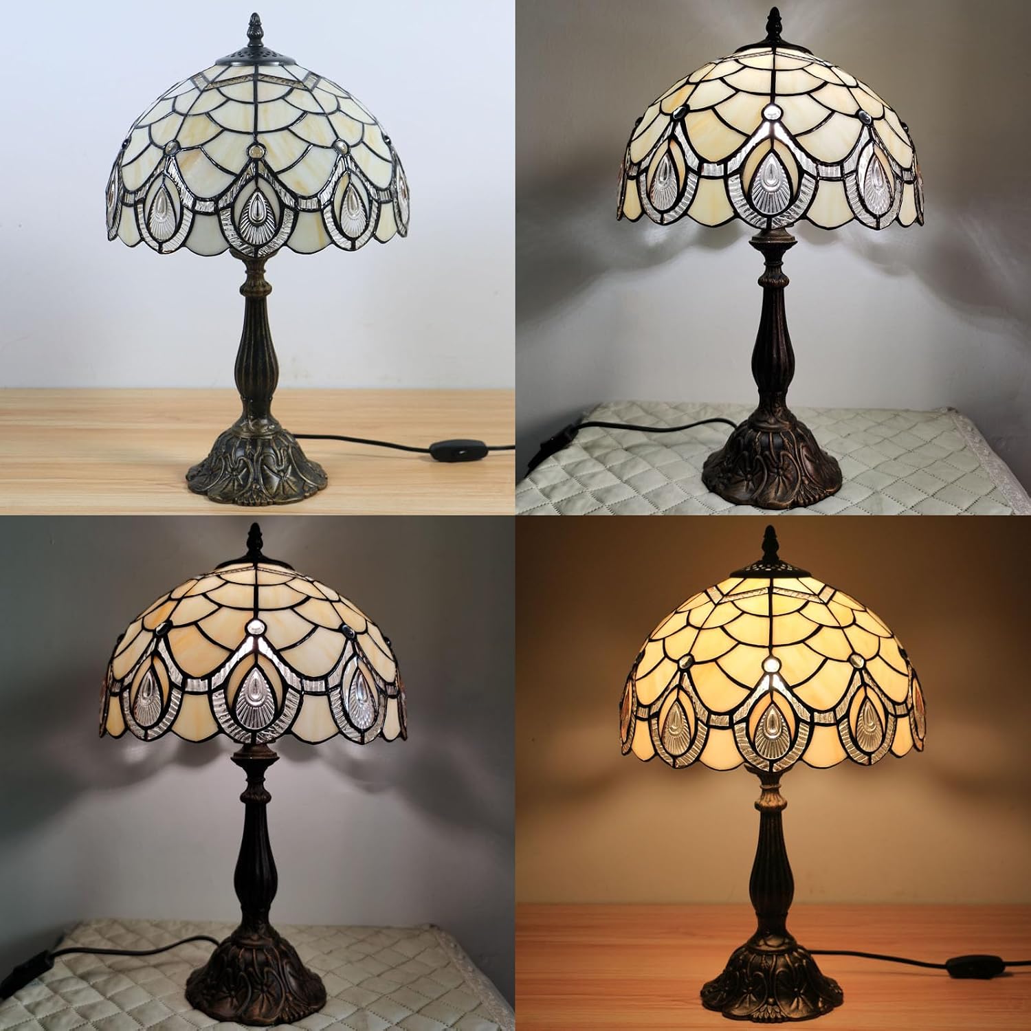 Tiffany Style End Side Table Lamps, Modern Bedside Nightstand Stained Glass with Crystal Large Farmhouse Table Lamp for Bedroom,Living Room Home Office Desk Lamp+LED Bulb,12X12X20INCH