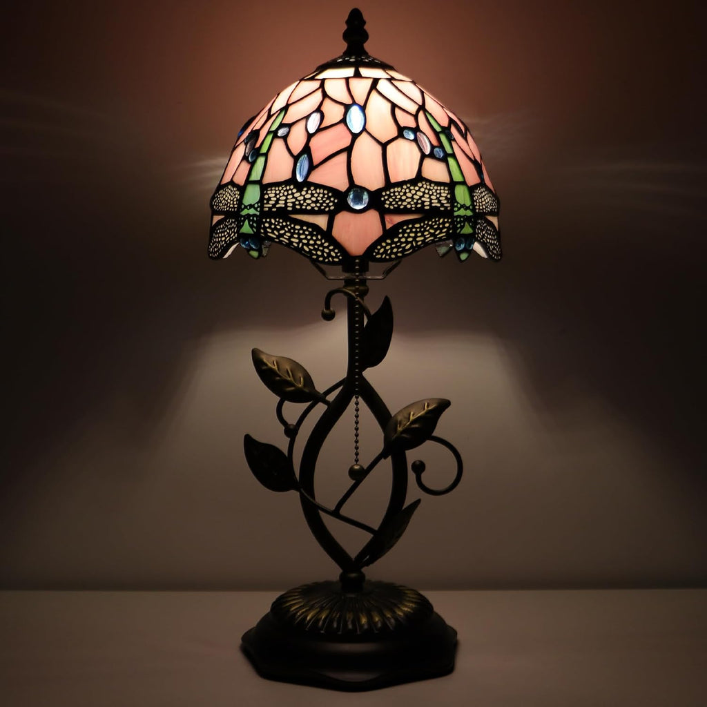 Small Tiffany Lamp Pink Dragonfly Style Stained Glass Table Lamps Desk Bedside Reading Light 8X8X18 Inches with Bronze Metal Leaf Resin Base