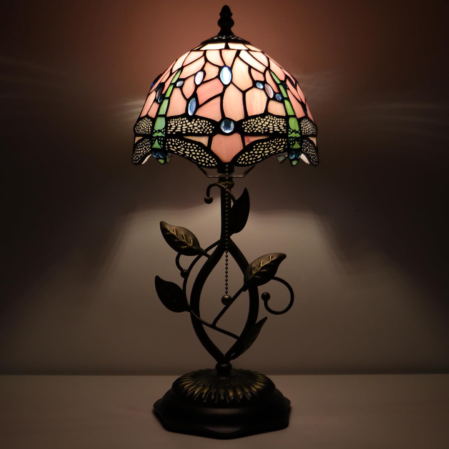 Small Tiffany Lamp Pink Dragonfly Style Stained Glass Table Lamps Desk Bedside Reading Light 8X8X18 Inches with Bronze Metal Leaf Resin Base