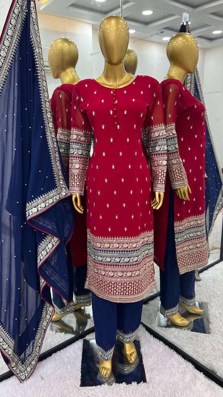 Women's Faux Georgette Embroidered Straight Kurti with Pant & Dupatta Set with Rivet Moti Work
