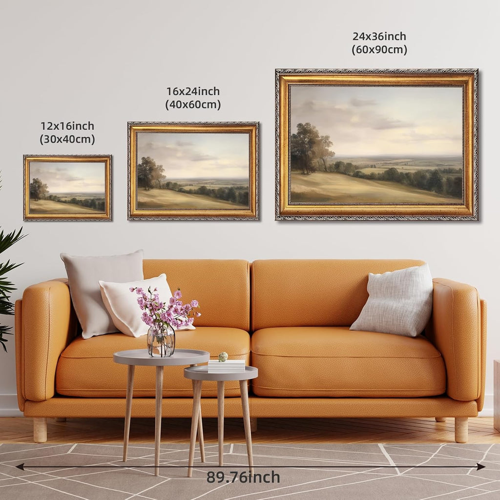 Large Gold Framed Classic European Pastoral Landscape Canvas Wall Art Vintage English Countryside Horizon Oil Painting Poster Retro Rolling Hills Artwork Prints for Rustic Farmhouse Decor 24x36inch