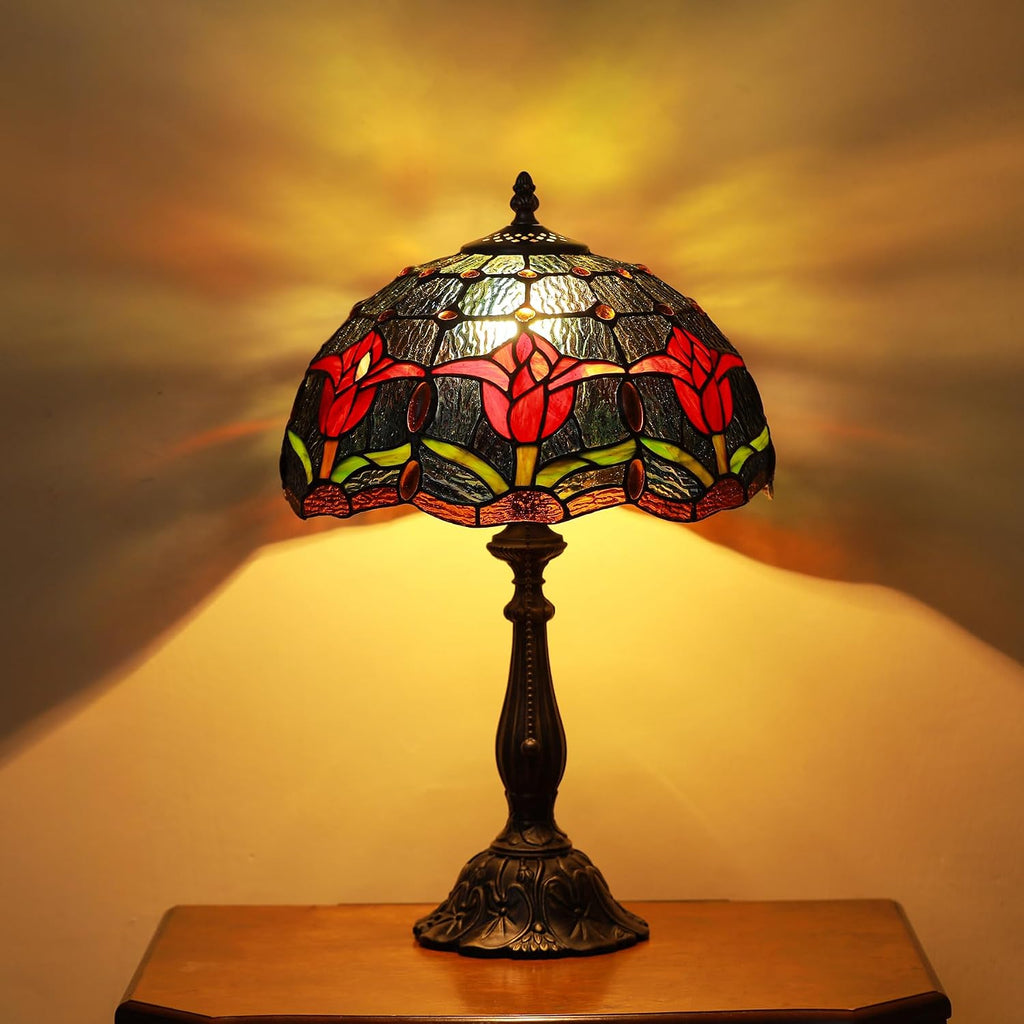 Tiffany Lamps Red Tulip Style Stained Glass Table Lamp Desk Bedside Reading Light 12X12X18.5 Inches with Bronze Resin Base Applicable to Bedroom Living Room Office