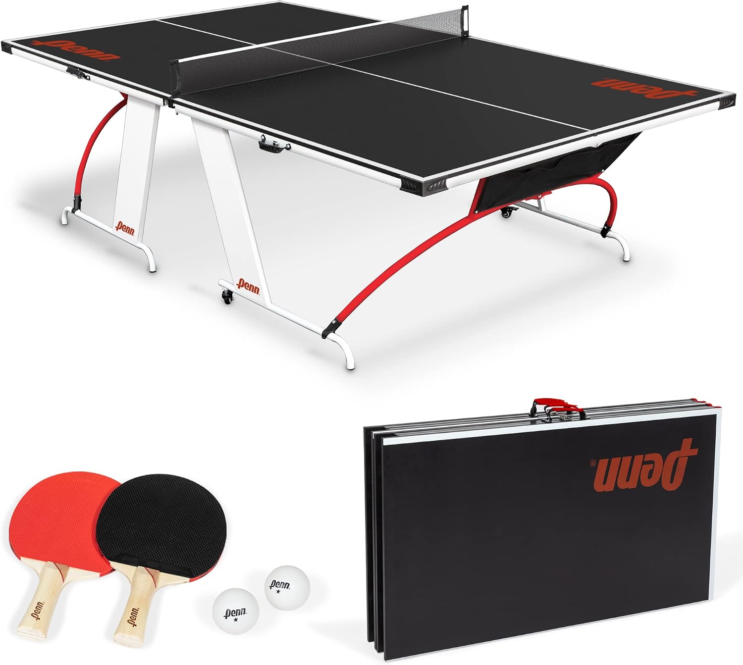 Penn Full-Size Ping Pong Table - Engineered Wood, Black/White/Red - Foldable Design for Portable Ping Pong Play - 15mm Laminated Surface for Precision Play - Table Tennis Set 40mm Balls & Paddles