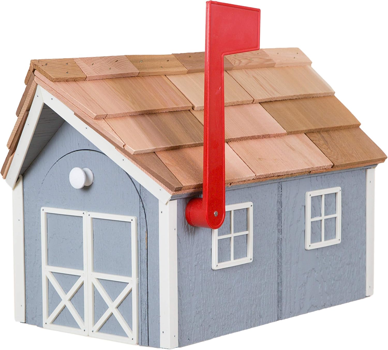 Amish Cedar Roof Wooden Mailbox with Window & Door Trim (Light Gray with White Trim)