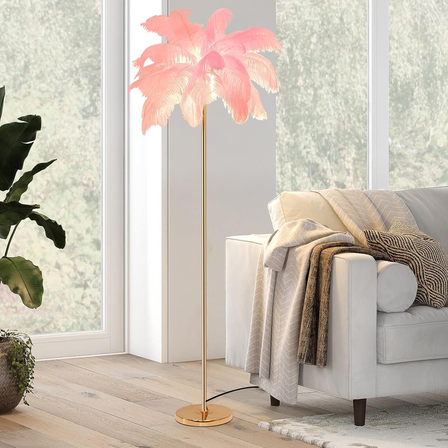 ZYLEIESENBAO Pink Feather Lamp Romantic Ostrich Feather Floor Lamp 3*G9bulbs Nordic Fluffy Standing Lamp for Creative Reading Lamp for Living Room Girl Bedroom Entryway Wedding Valentines Dating Gift
