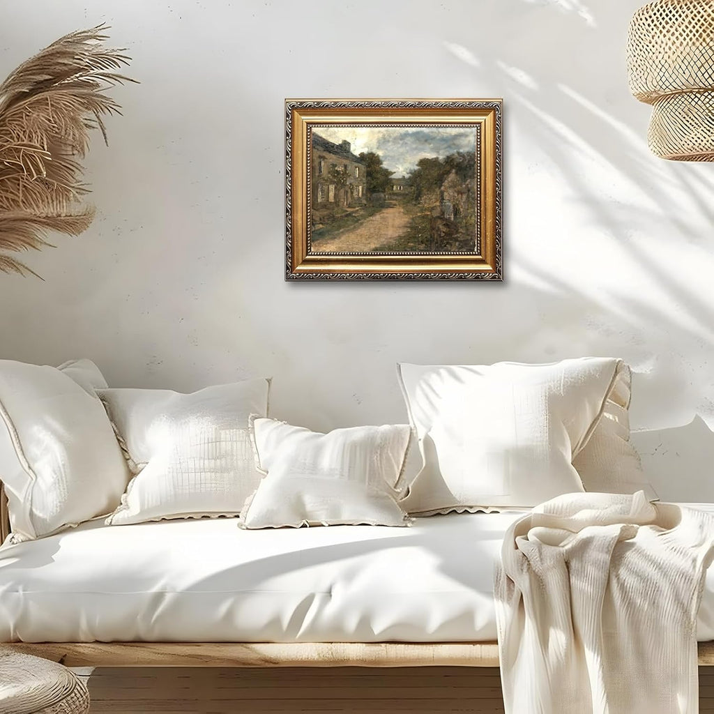 Large Framed Vintage European Village Street Canvas Wall Art Antique Old Town Oil Painting Print Rustic Architectural Landscape Poster Artwork Classic Country Picture Decor for Living Room 24x36inch