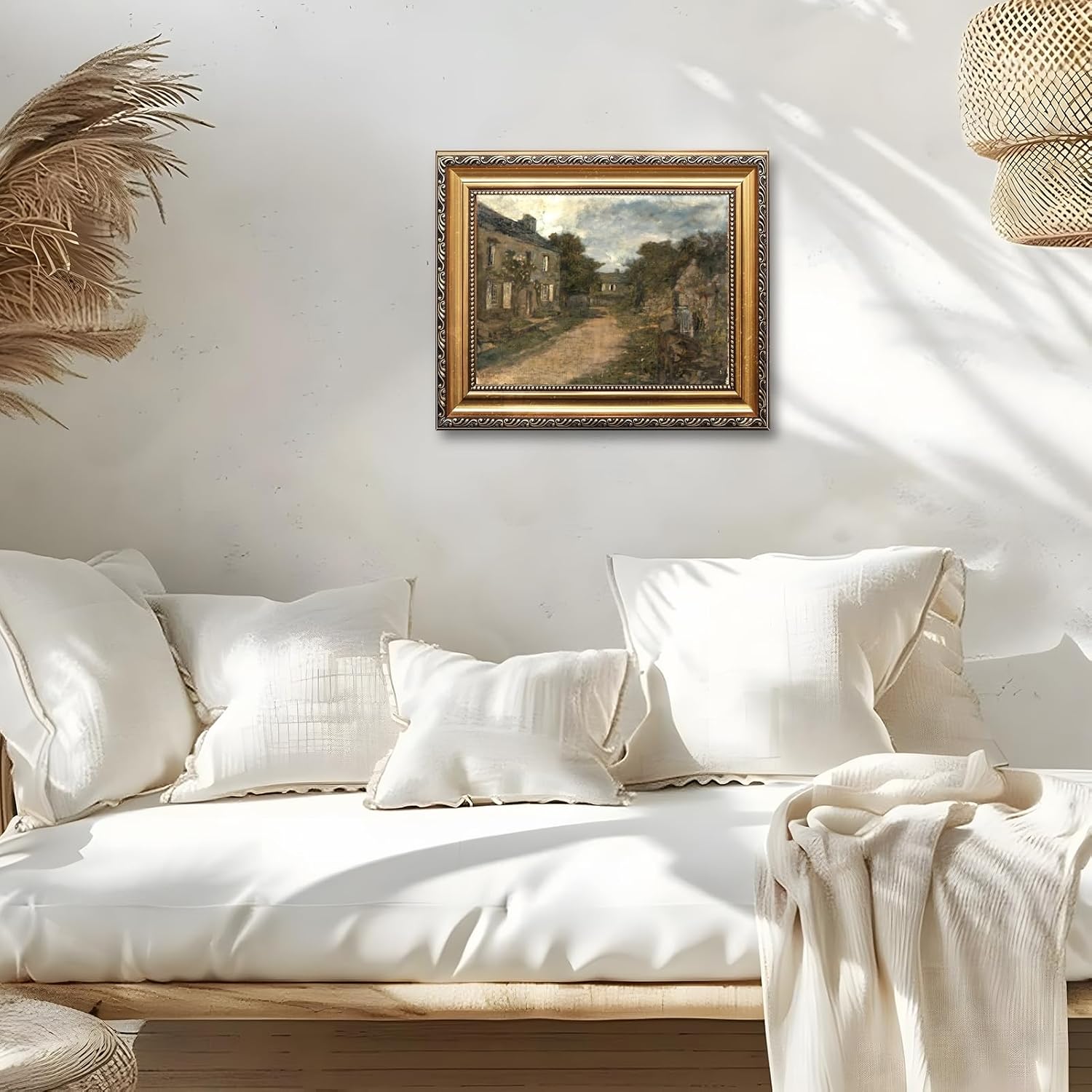 Large Framed Vintage European Village Street Canvas Wall Art Antique Old Town Oil Painting Print Rustic Architectural Landscape Poster Artwork Classic Country Picture Decor for Living Room 24x36inch
