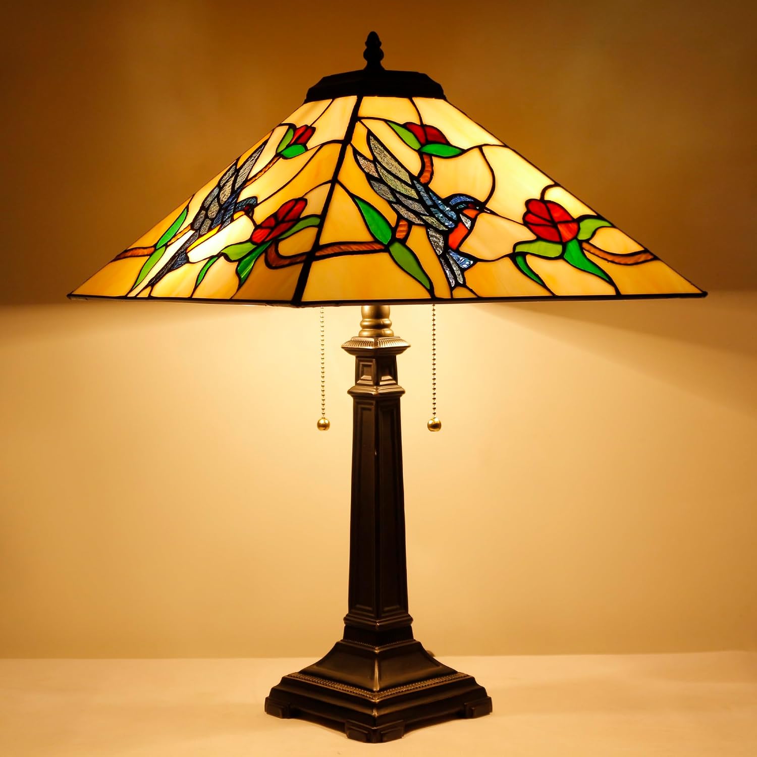 Tiffany Table Lamp Amber Hummingbird Mission Style Stained Glass 16X16X23 Inches Desk Reading Light for Bedrooms Living Room Study Home Office