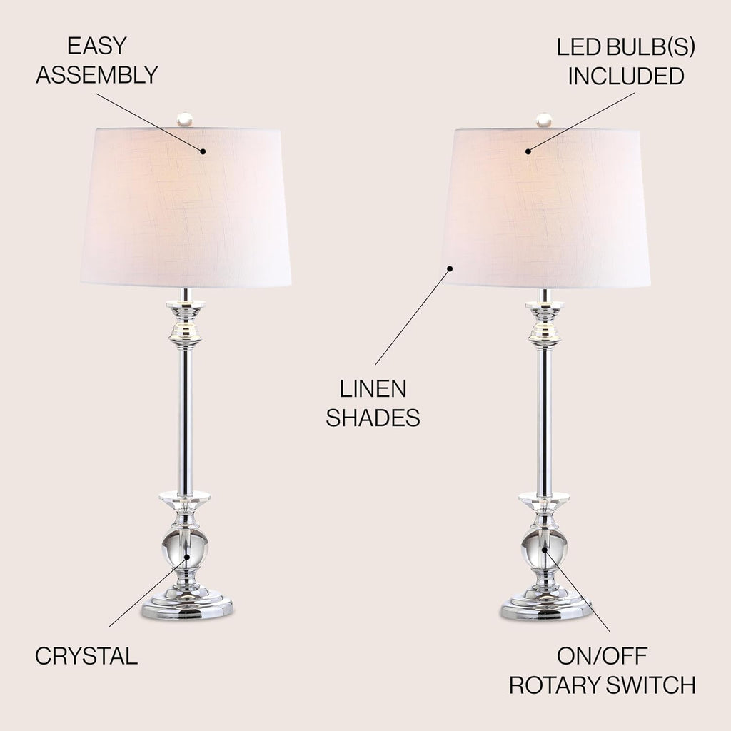 JONATHAN Y 33' Crystal and Chrome LED Table Lamp Set of 2, Contemporary Clear Metal Lamps for Living Room Bedroom, White Linen Drum Shade, LED Bulbs Included, UL Listed JYL2056A-SET2