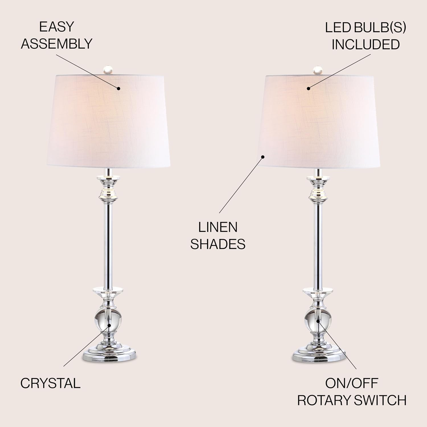 JONATHAN Y 33' Crystal and Chrome LED Table Lamp Set of 2, Contemporary Clear Metal Lamps for Living Room Bedroom, White Linen Drum Shade, LED Bulbs Included, UL Listed JYL2056A-SET2