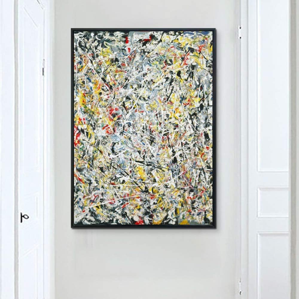 INVIN ART Framed Canvas Wall Art White Light by Jackson Pollock, Abstract Drip Painting, Modern Print for Living Room Home Office(Black Slim Frame, 28'x40')