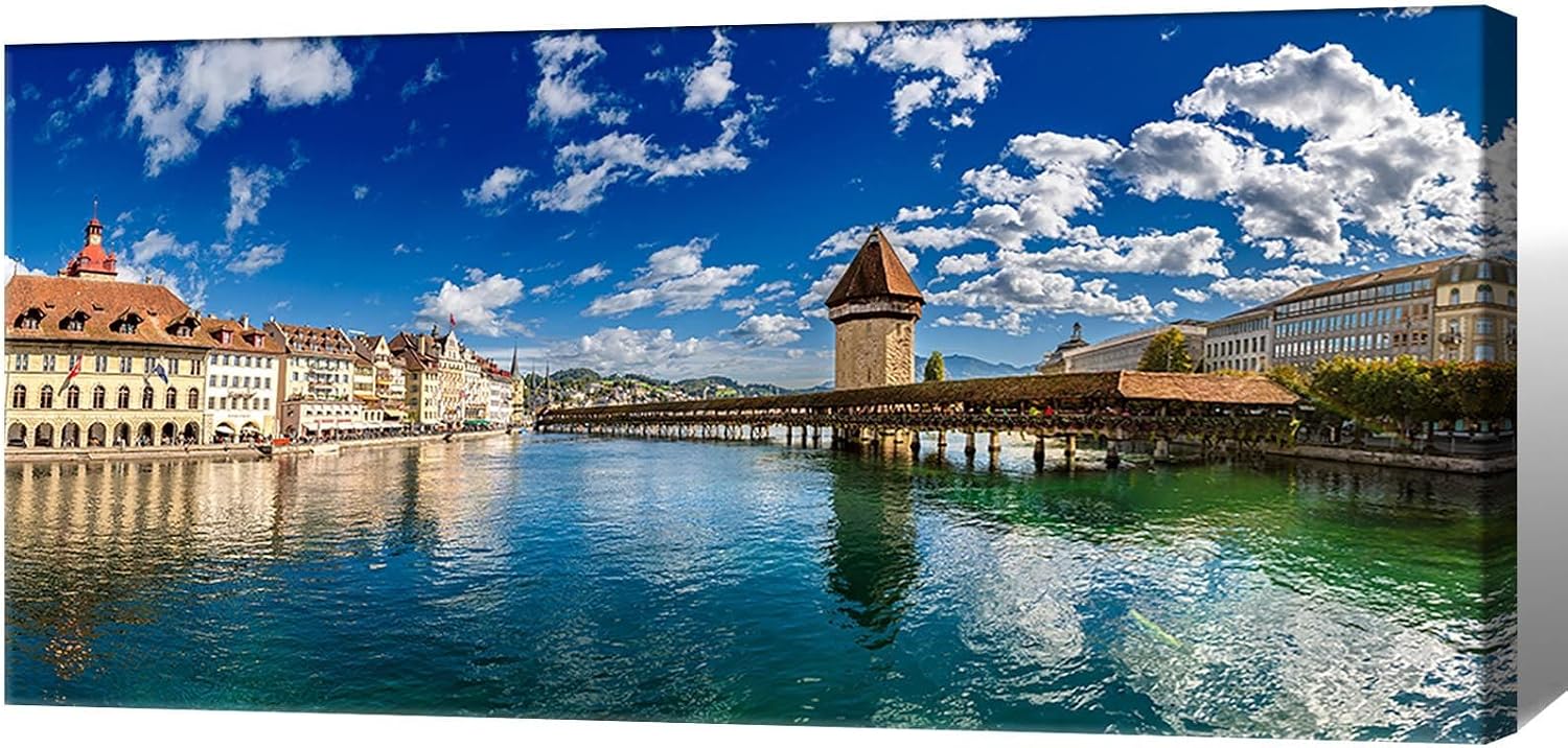 Swiss Lucerne Chapel Bridge Cityscape Large Wall Art Reuss River View Canvas Print Posters European Landscape Lake Pictures Decor Artwork for Luxury Home Living Room Bedroom Office 20x40inch Framed