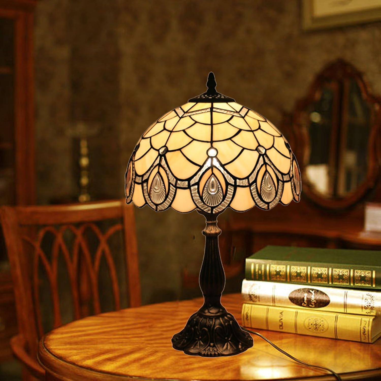 Tiffany Style End Side Table Lamps, Modern Bedside Nightstand Stained Glass with Crystal Large Farmhouse Table Lamp for Bedroom,Living Room Home Office Desk Lamp+LED Bulb,12X12X20INCH