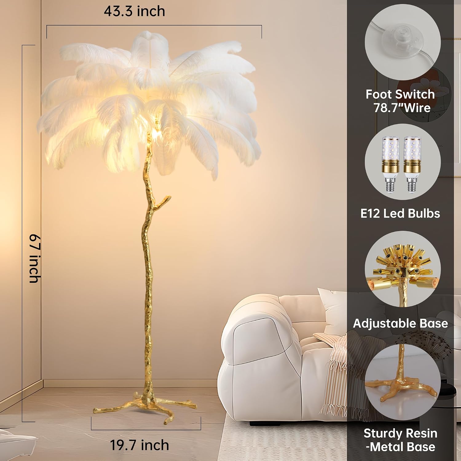 MAYOLA Luxury Resin Ostrich Feather Lamp, 35 Pieces Real Ostrich Feathers,Floor Lamp,for Living Room, Bedroom and Office 67' Tall Feather Lamp(White, Floor Lamp)