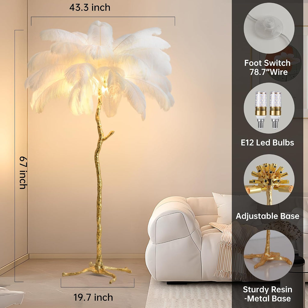 MAYOLA Luxury Resin Ostrich Feather Lamp, 35 Pieces Real Ostrich Feathers,Floor Lamp,for Living Room, Bedroom and Office 67' Tall Feather Lamp(White, Floor Lamp)
